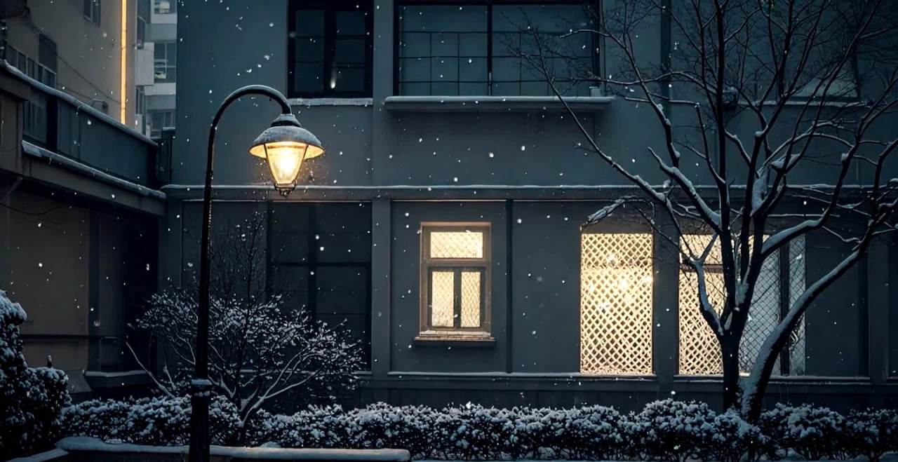 雪花飘落，镜头逐渐推进到一栋建筑的窗户。窗户内亮着