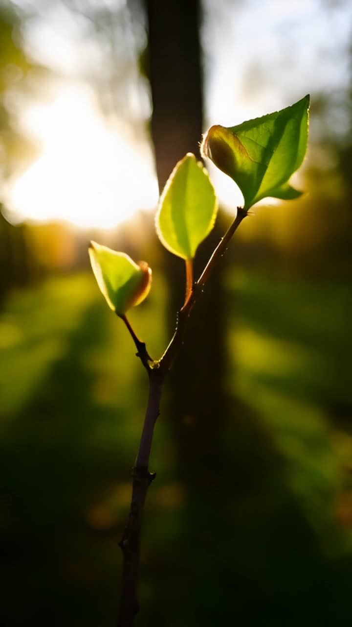 树枝上长出两个小芽，其中一个已经展开成小叶，背景是