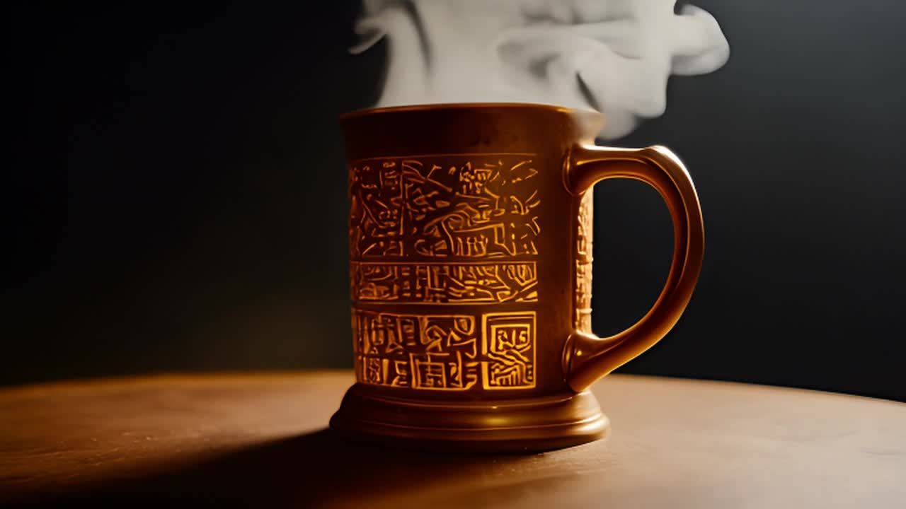 杯子上的雕刻描绘了复杂的图案，看起来像是某种古代的文字或是符号。蒸汽从杯子里缓缓升起，给整个场景增添了一种神秘的氛围。杯子放置在一个平滑的表面上，背景是单一的深色，使得金色杯子更加突出。光线柔和地照亮了杯子，使其细节得以展现。随着相机的移动，我们可以看到杯子上的每一个线条和形状，这些设计似乎蕴含着某种魔力。蒸汽的流动也为静态的画面增添了动态感。总的来说，这张图片给人一种魔法般的感觉，好像这个杯子不仅仅是一个普通的容器，而是一件拥有神秘力量的宝物。