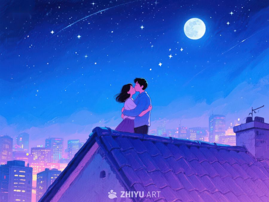 屋顶夜景下的情侣拥吻 920