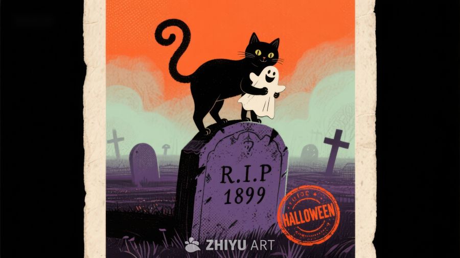 万圣节墓地黑猫与幽灵
