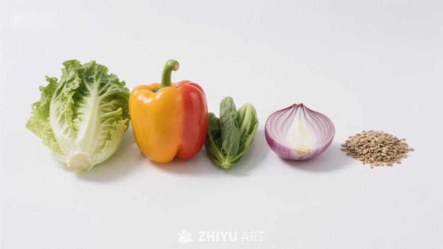 新鲜蔬菜与谷物的排列展示