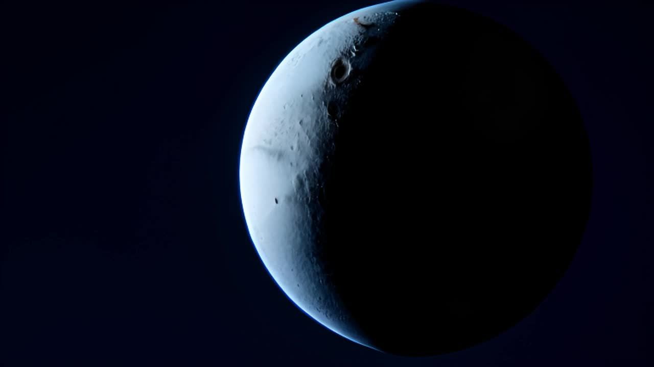 一个低角度、静态的镜头：冥王星在星夜的背景下出现。