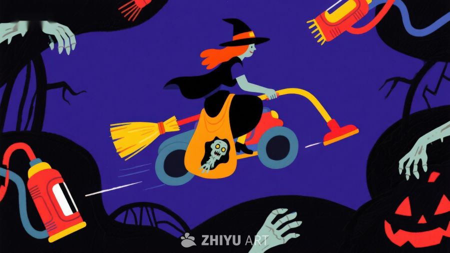 万圣节女巫骑吸尘器飞行
