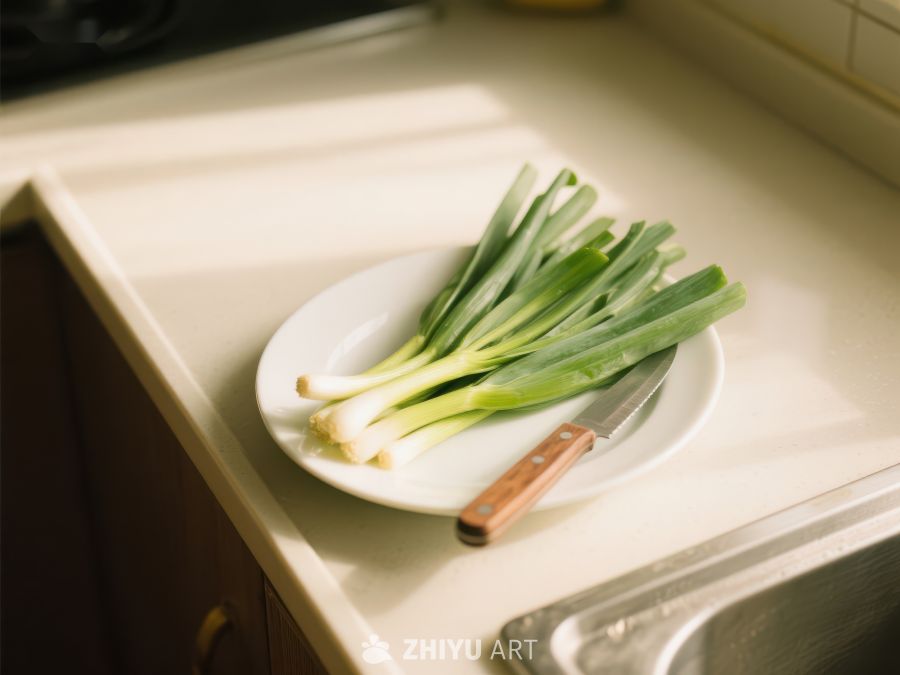 厨房台面上的青葱与刀具 110