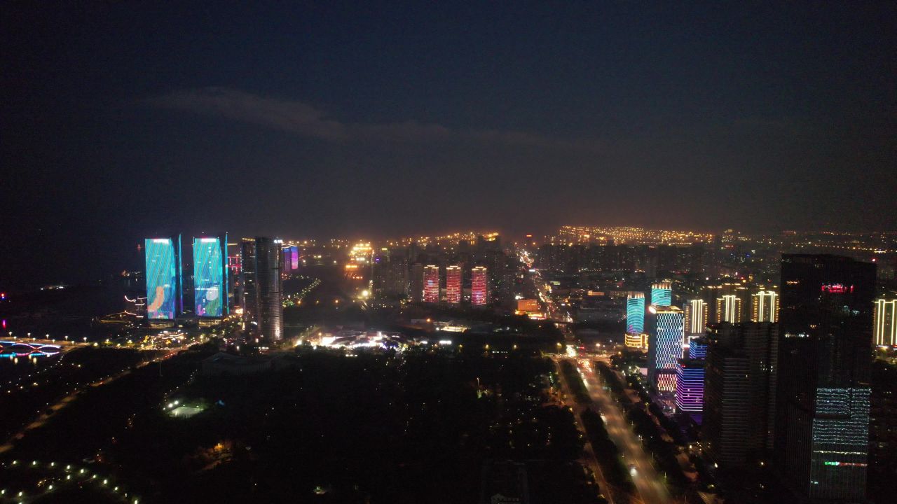 山东日照城市夜景灯光航拍  