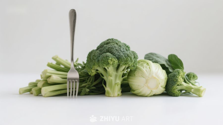新鲜绿色蔬菜与叉子静物