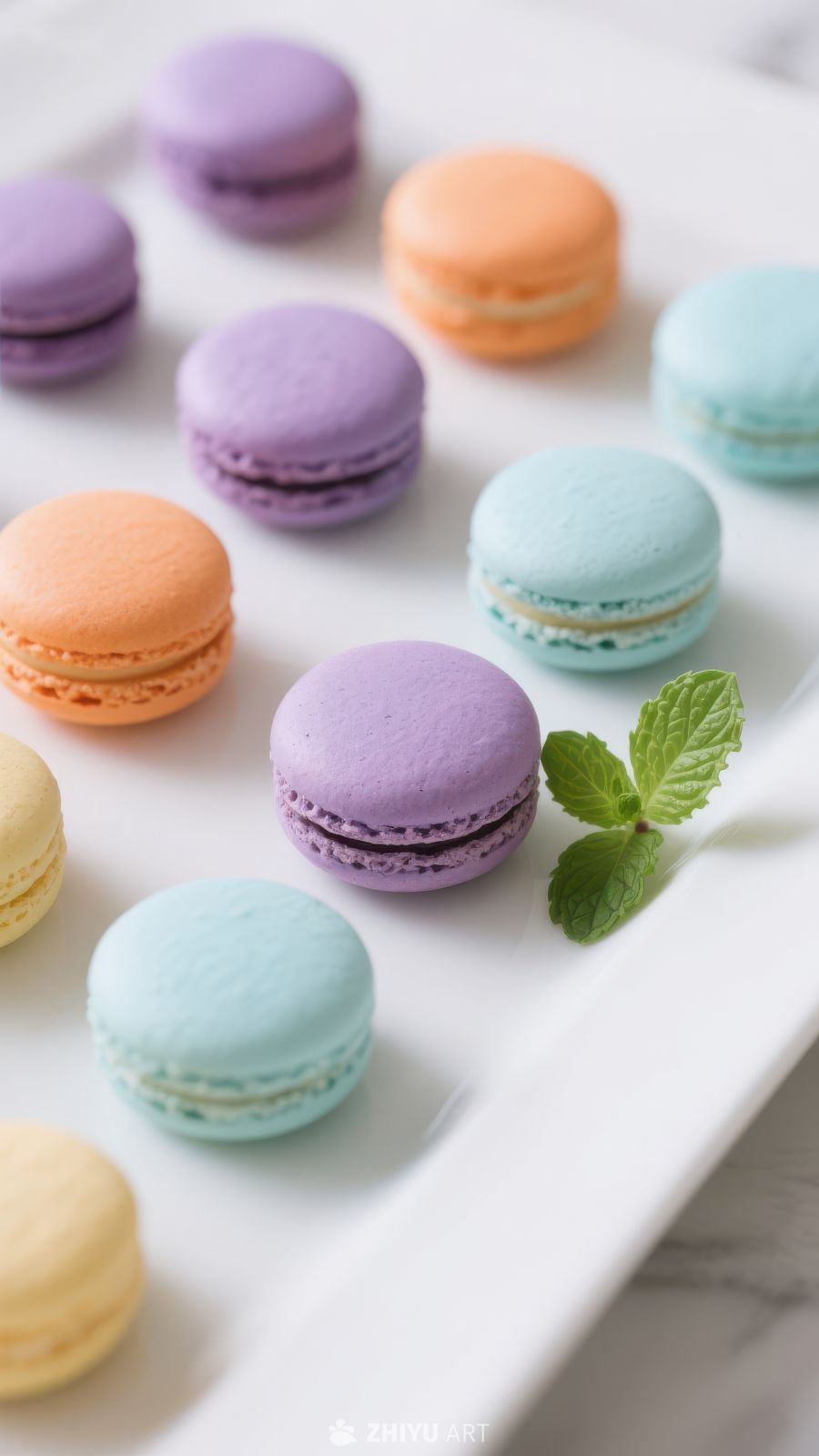 色彩斑斓的马卡龙与薄荷点缀