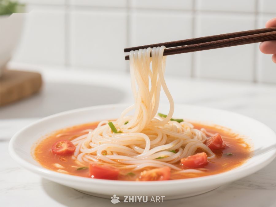 筷子夹起面条，碗中番茄汤面诱人 703