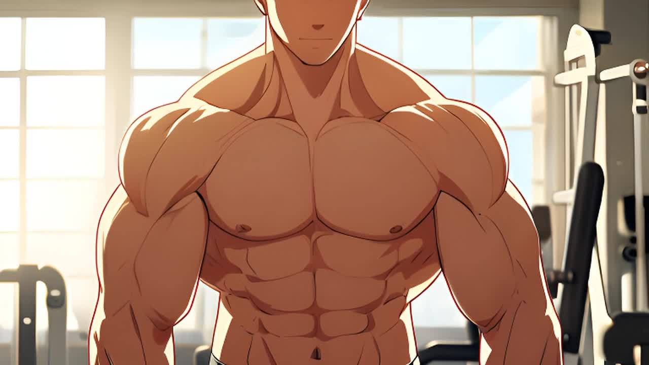 健身房中的男子正在锻炼身体。他肌肉发达，胸肌、腹肌和手臂上的肌肉线条清晰可见。阳光透过窗户洒进房间，为整个场景增添了温暖的氛围。