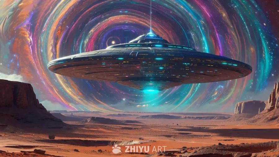 一艘巨大的未来主义宇宙飞船悬停在一个布满陨石坑的地