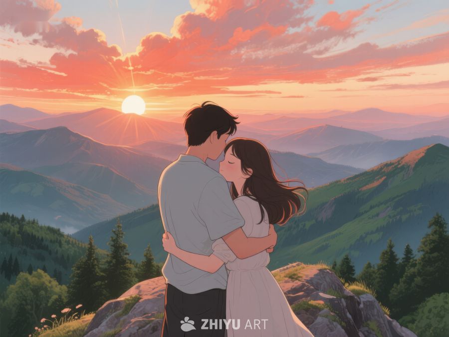 山巅情侣拥抱，夕阳美景相伴 624