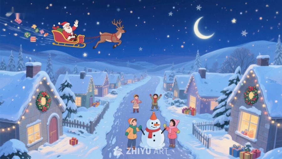 圣诞夜雪景与欢庆儿童 224