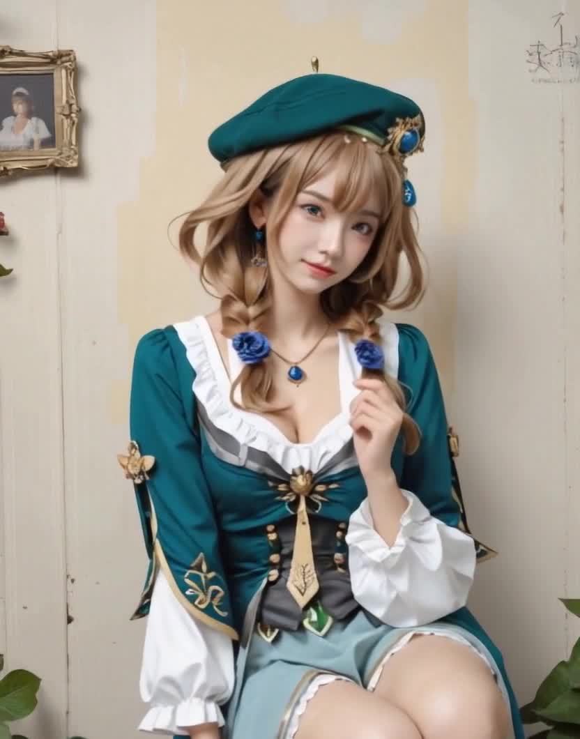 一位年轻女性身穿深绿色与白色相间的服装，头戴一顶深