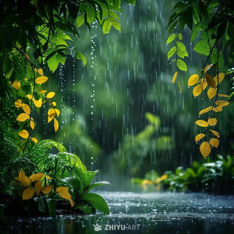 翠绿和黄色的植物在淅淅沥沥的雨中，场景设定在一个绿