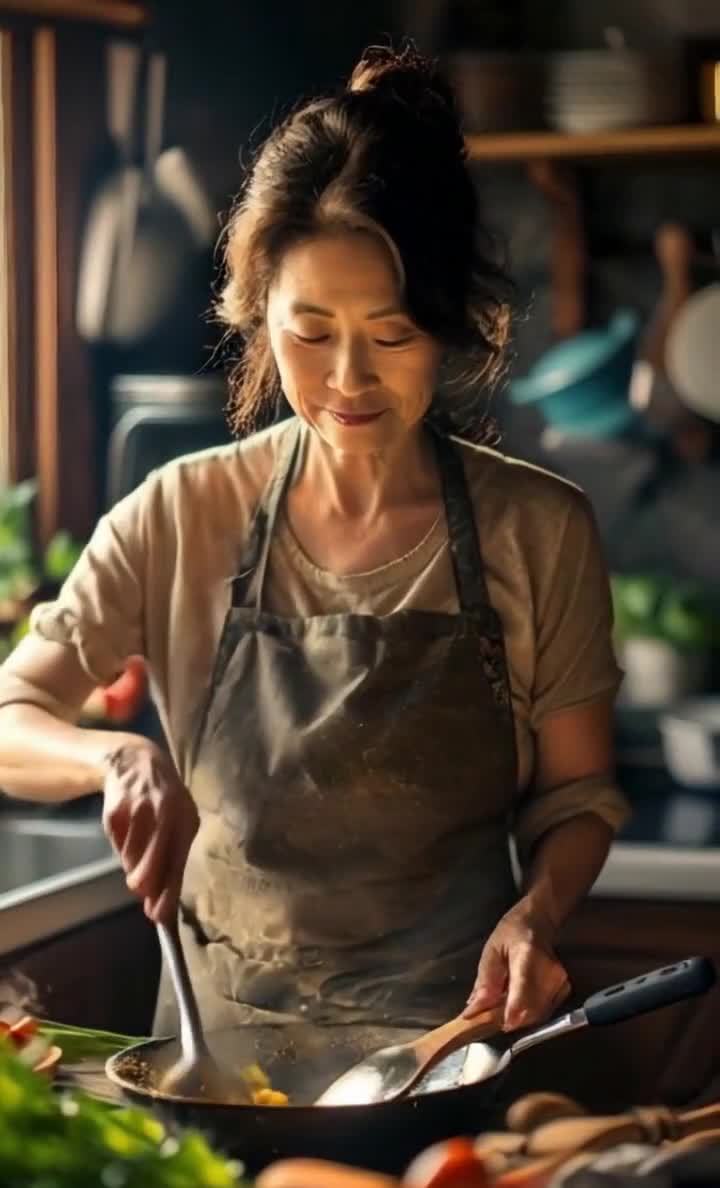 一位围裙女士在厨房烹饪美食，面带微笑。