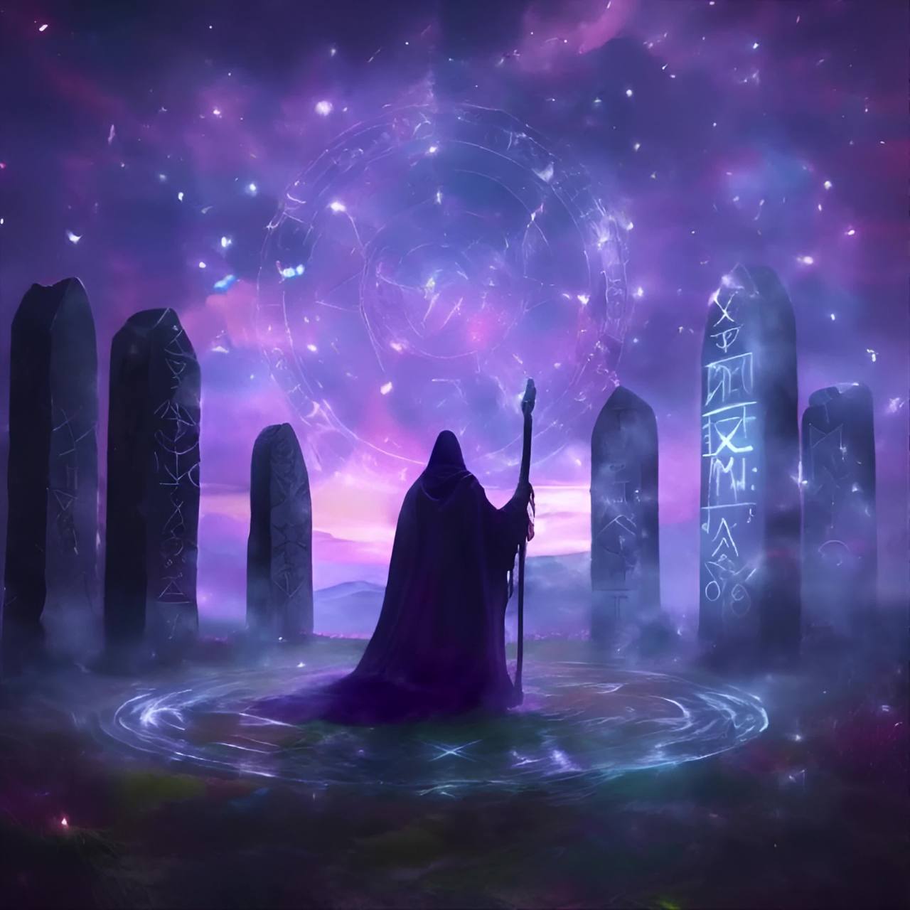 一个穿着紫色长袍的人站在一个由石头组成的圈内，他手