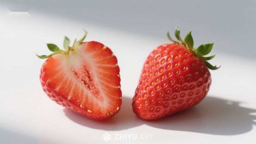 新鲜草莓：一半与整体的对比