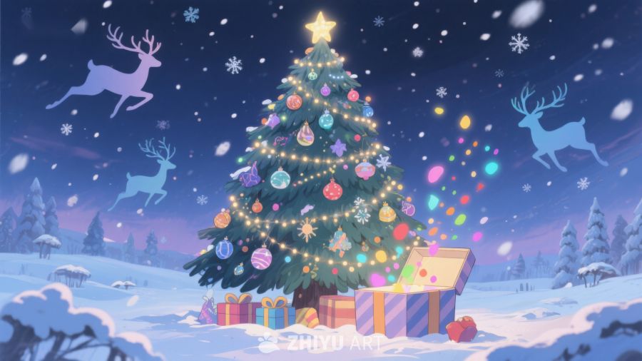 雪夜中的圣诞树与礼物 460