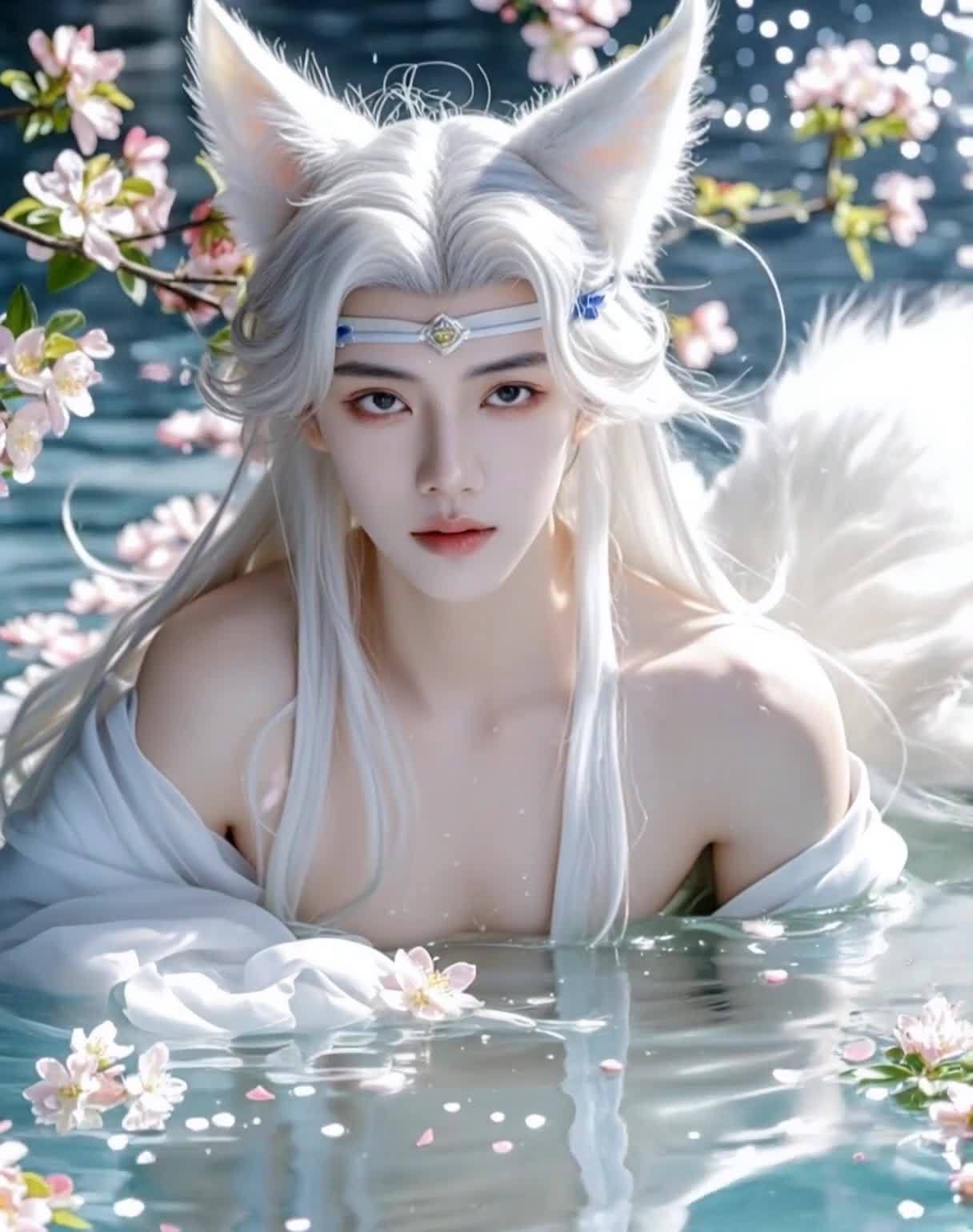 白发狐耳少年水浴，花瓣点缀，眼神温柔。