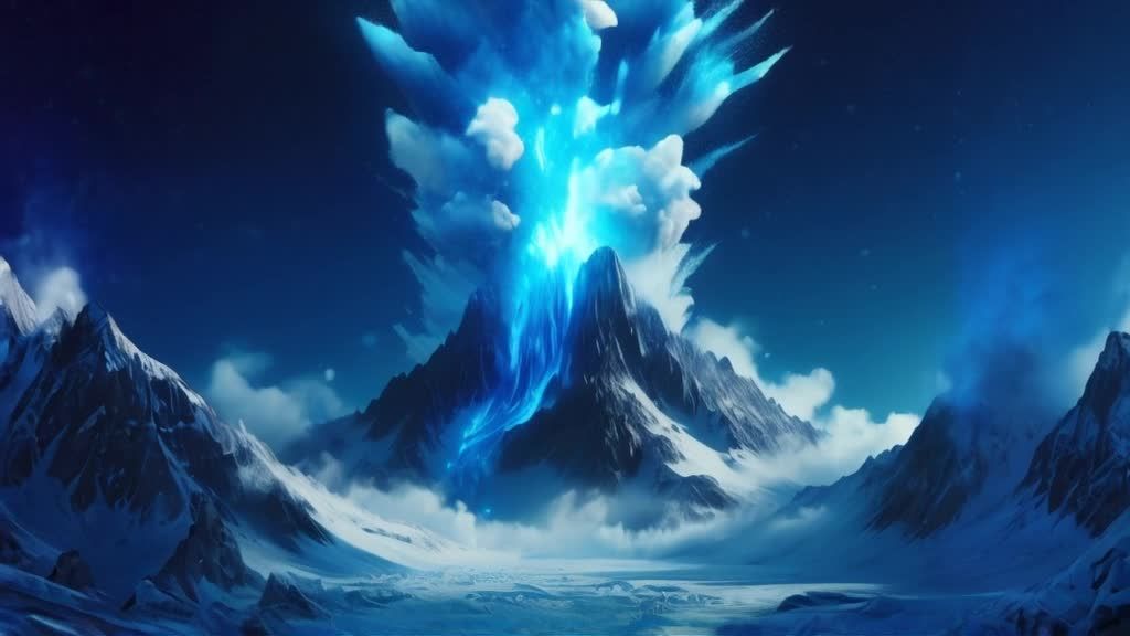 雪山顶峰出现蓝色火焰爆炸，爆炸产生蓝色光芒和白色云