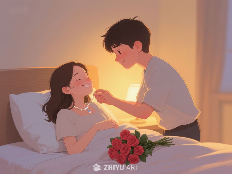 温馨床边，男子献花女子微笑 726