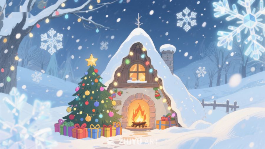 雪夜小屋与圣诞树 413