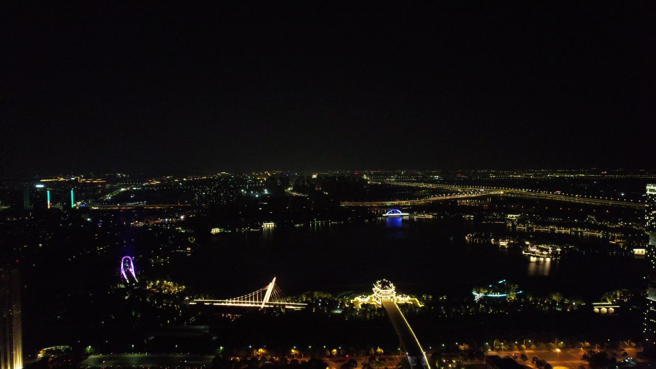 浙江绍兴城市夜景灯光航拍 