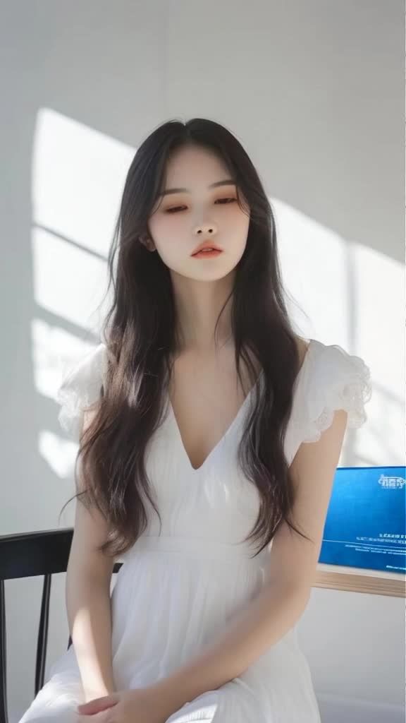 一名女性坐在椅子上，她穿着白色连衣裙，有着黑色长发