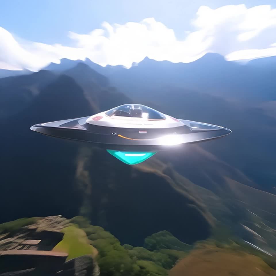 一个飞碟在秘鲁的天空快速移动，其下方是山脉、古代遗