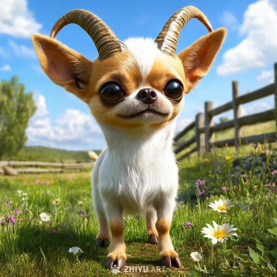 一只奇瓦瓦犬和山羊的混合动物站立在乡村草地上，头顶