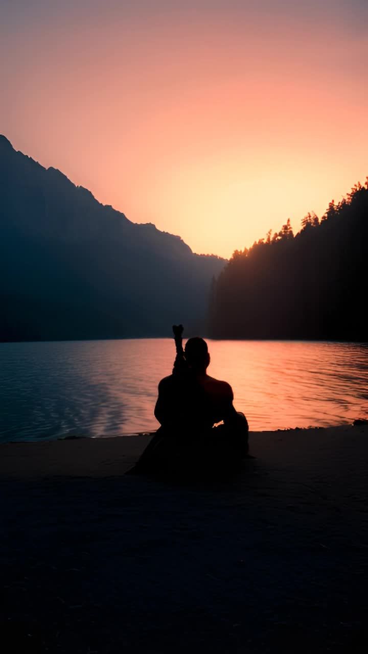 一个人坐在湖岸边，面朝湖面，背对镜头，身旁放着一个