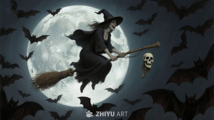 满月夜空中的女巫与蝙蝠
