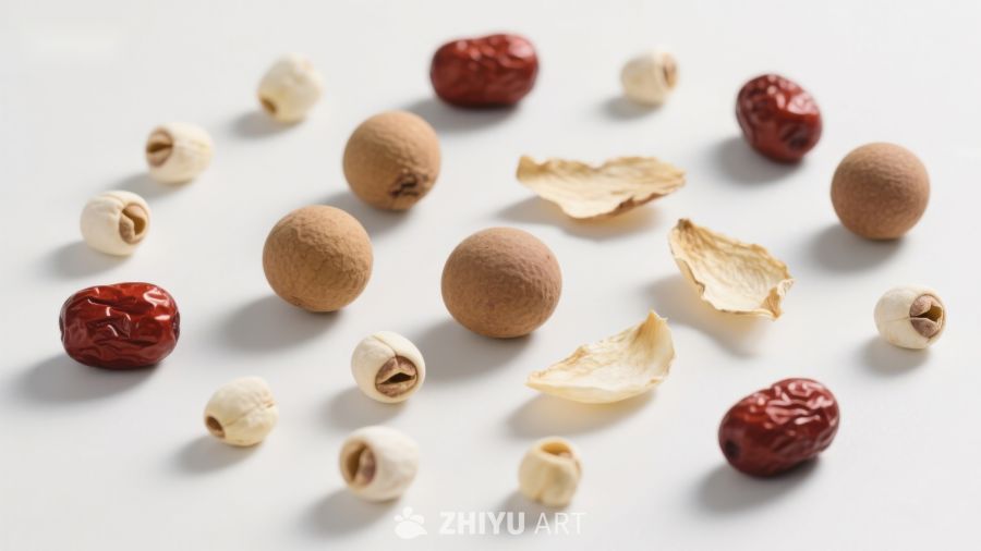 多种干果与莲子的静物组合