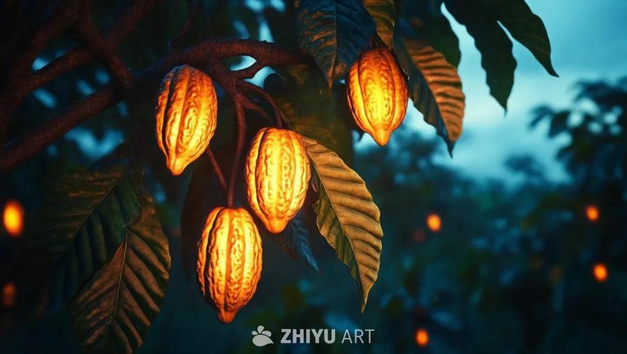 夜间，可可树上挂着发光的可可果，周围点缀着绿色的树