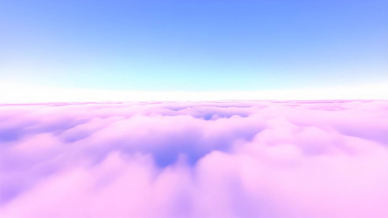 天空是淡蓝色，地平线处是白色的，下方是粉色的云层。