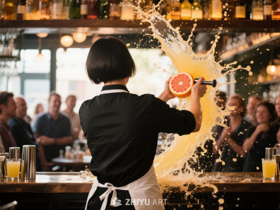 调酒师挥锤击橙，果汁四溅 159