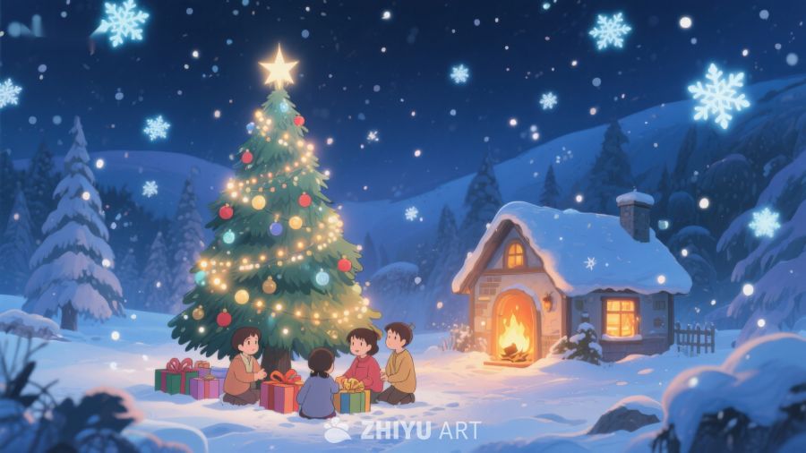 雪夜温馨圣诞树前的家庭时光 410