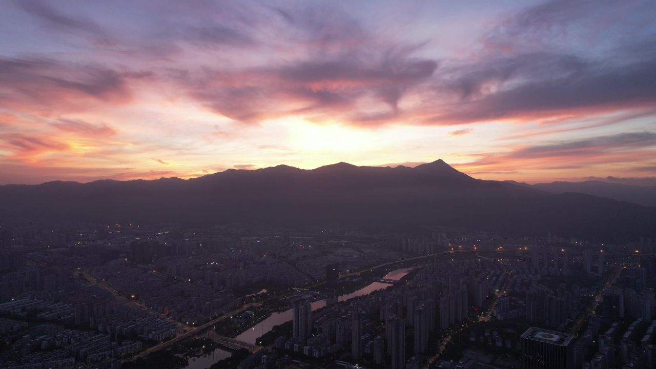 福建福州城市清晨闽江日出航拍