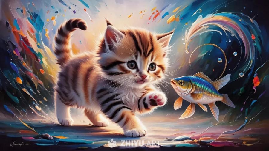 一只眼睛闪烁着好奇的小猫正在追逐一条闪闪发光的鱼，