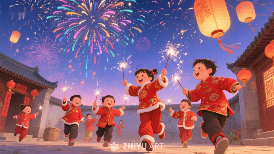 孩子们欢庆新年，手持烟花笑逐颜开 23