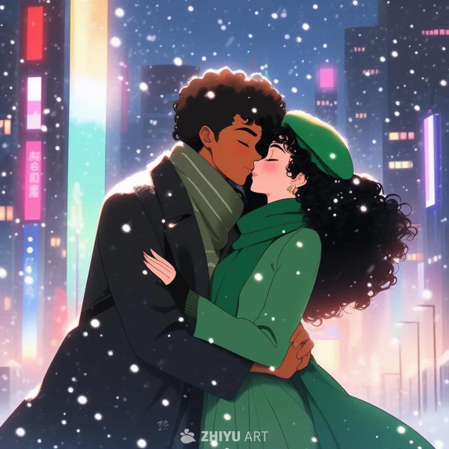 夜间，雪花飘落，一对年轻男女拥抱在一起，闭着眼睛亲