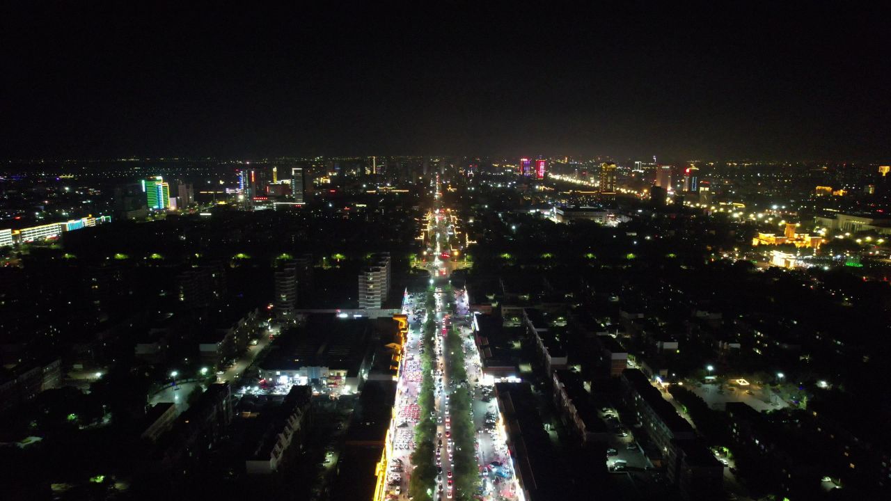 山东东营宵夜一条街烟火气息航拍 