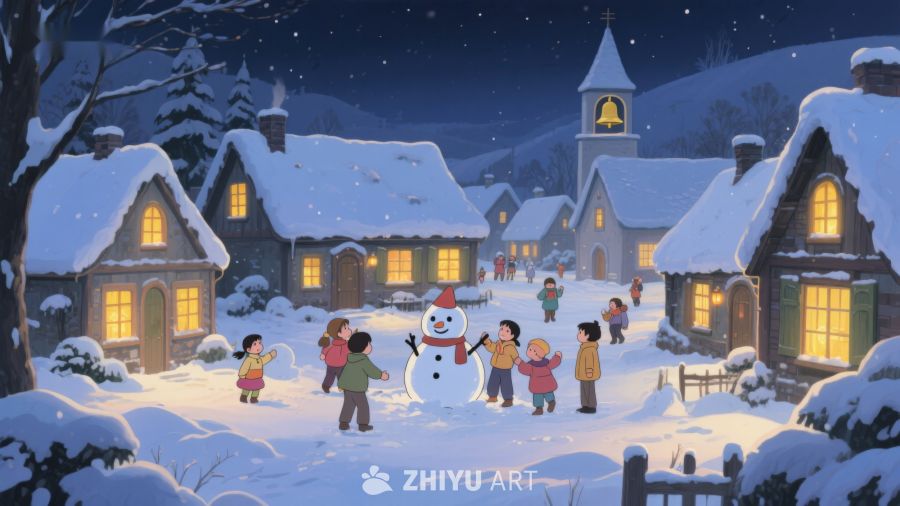 冬夜雪村，孩童堆雪人 104