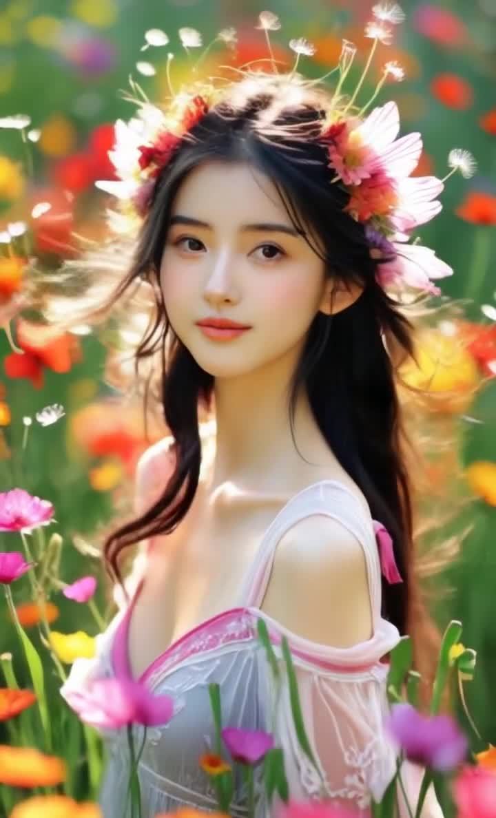 一位长发女子置身于一片鲜花盛开的花丛中，头戴花环，