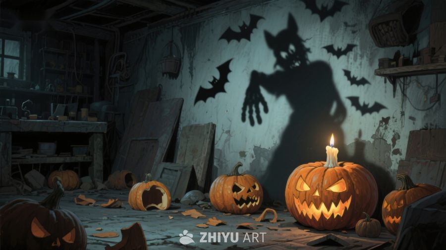 万圣节南瓜灯与蝙蝠阴影