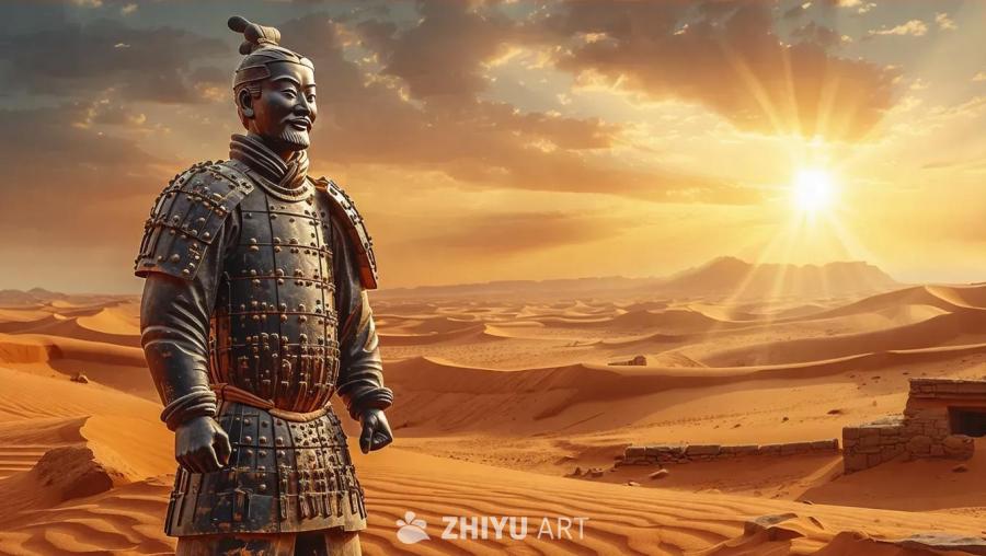 一个中国兵马俑在广阔的、阳光普照的沙漠景观中高高耸