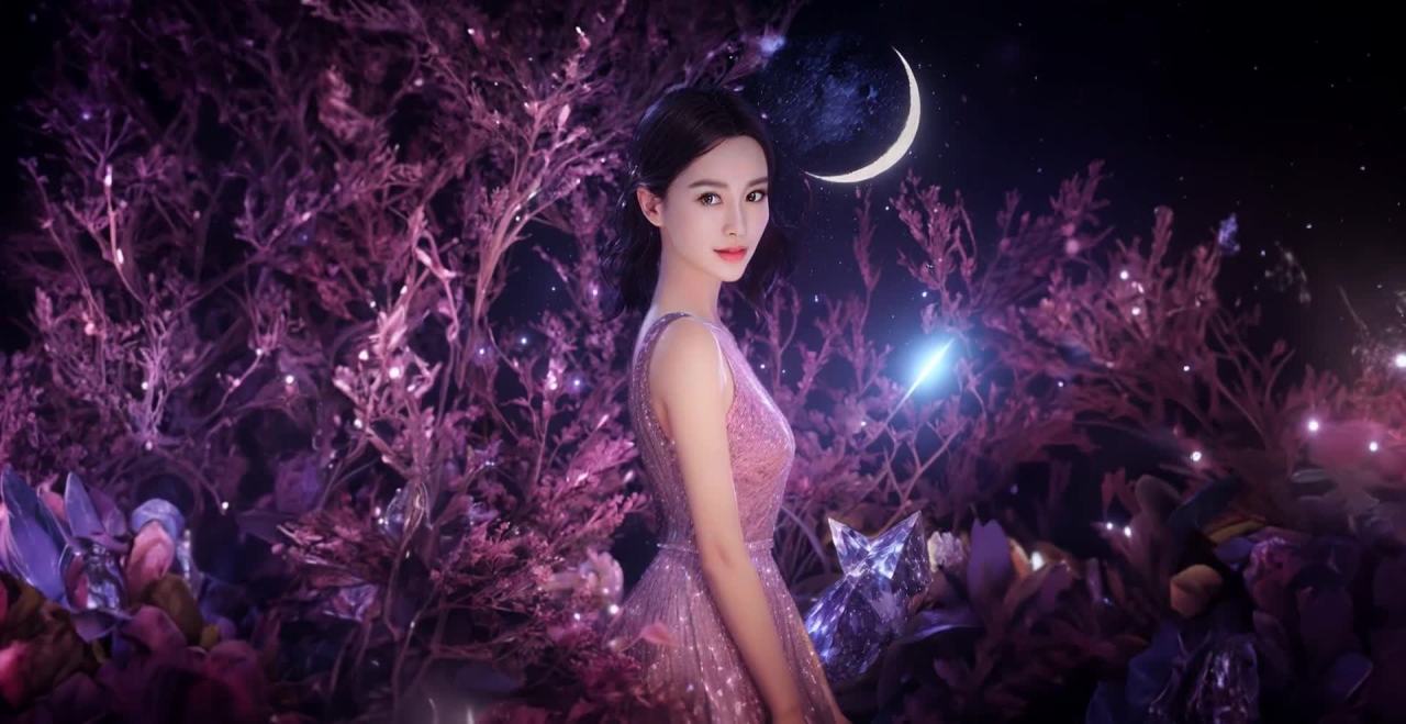 粉裙女子夜空星光下的梦幻紫色植物场景