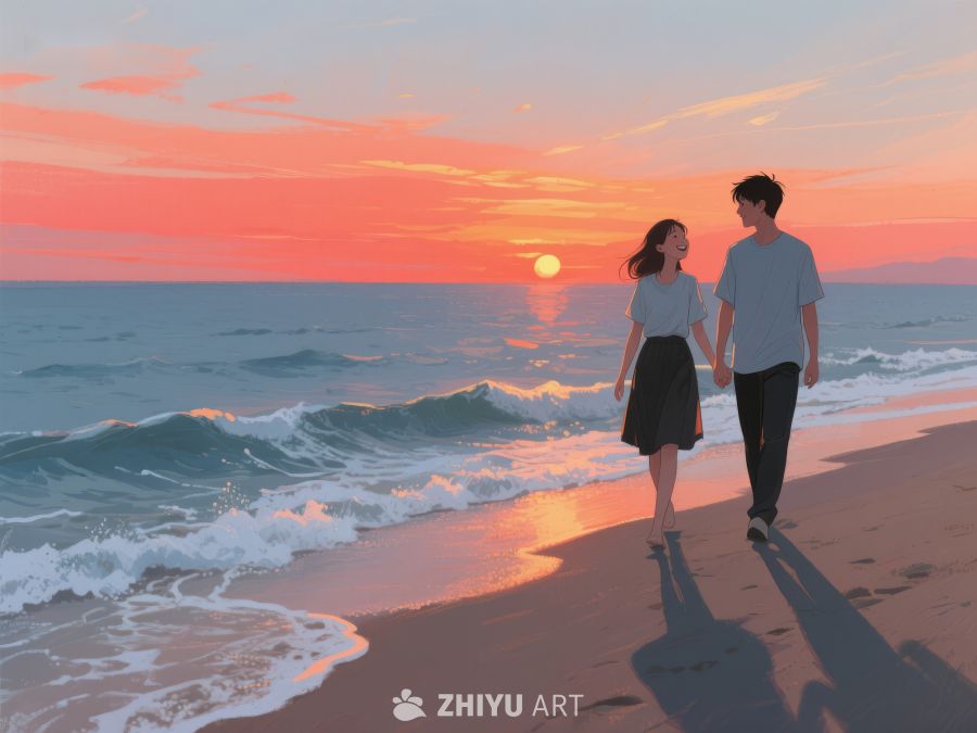 情侣海滩漫步，夕阳映照浪漫 542