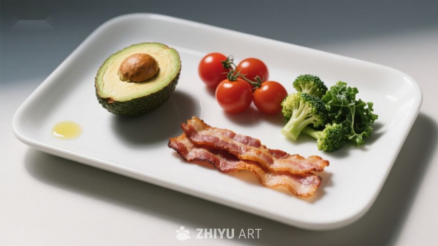 盘中摆放的牛油果培根蔬菜